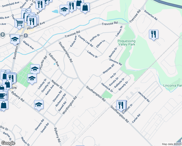 map of restaurants, bars, coffee shops, grocery stores, and more near 15028 Worthington Road in Philadelphia