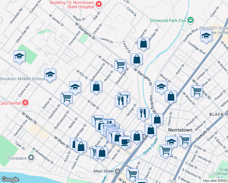 map of restaurants, bars, coffee shops, grocery stores, and more near 823 West Elm Street in Norristown
