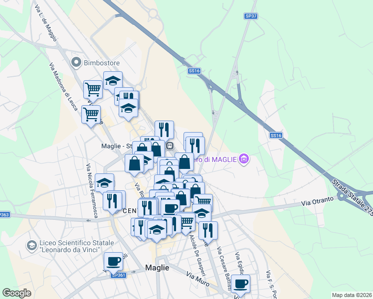 map of restaurants, bars, coffee shops, grocery stores, and more near 43 Via Circolone in Maglie