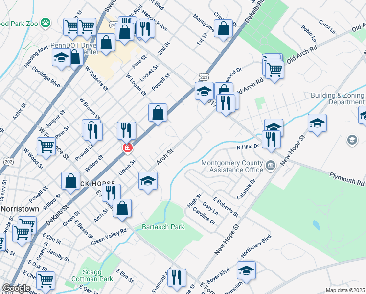 map of restaurants, bars, coffee shops, grocery stores, and more near 304 East Logan Street in Norristown
