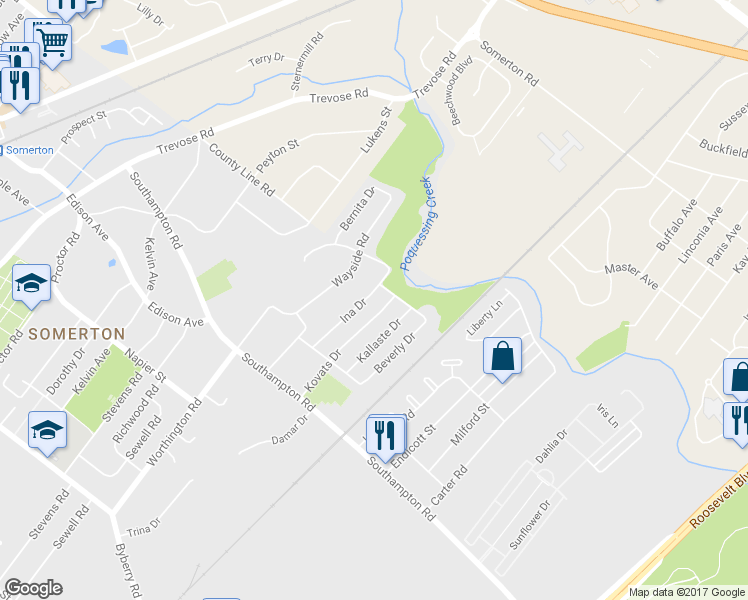 map of restaurants, bars, coffee shops, grocery stores, and more near 15151 Ina Drive in Philadelphia
