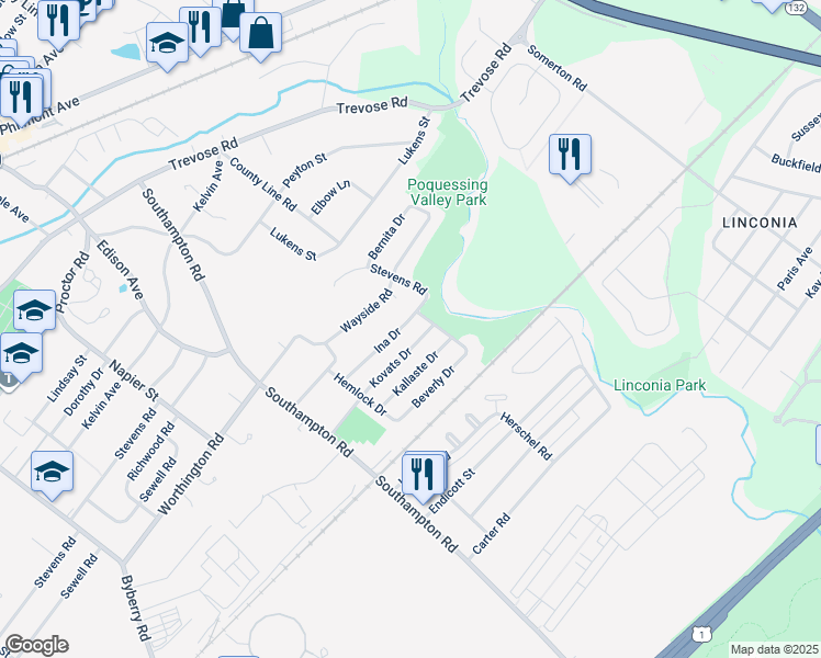 map of restaurants, bars, coffee shops, grocery stores, and more near 15151 Ina Drive in Philadelphia