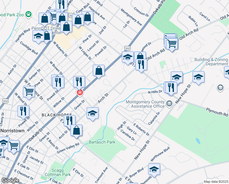 map of restaurants, bars, coffee shops, grocery stores, and more near 304 East Logan Street in Norristown