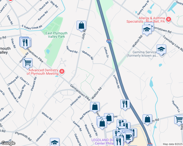map of restaurants, bars, coffee shops, grocery stores, and more near 30 Malvern Road in Plymouth Meeting