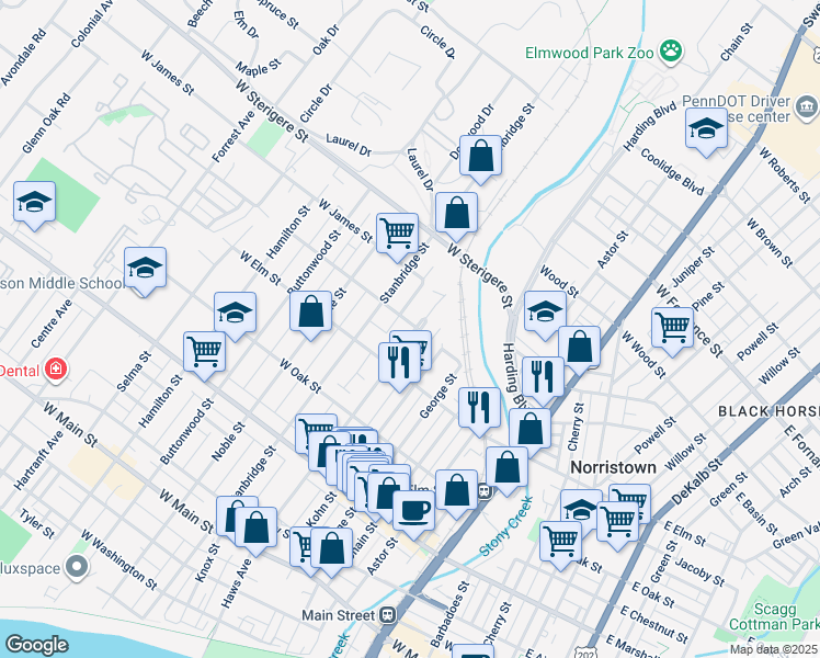 map of restaurants, bars, coffee shops, grocery stores, and more near 837 Haws Avenue in Norristown
