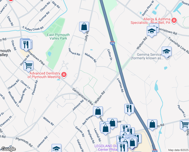 map of restaurants, bars, coffee shops, grocery stores, and more near 30 Malvern Road in Plymouth Meeting