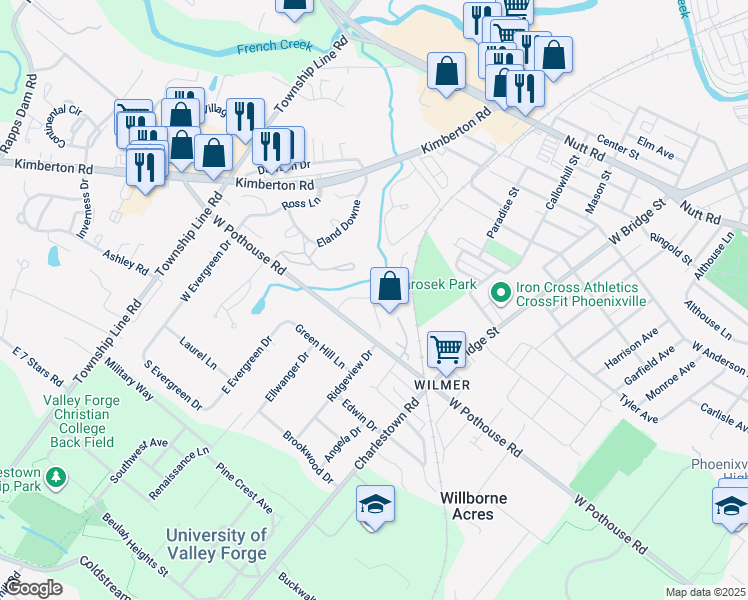 map of restaurants, bars, coffee shops, grocery stores, and more near 136 Harvest Lane in Phoenixville