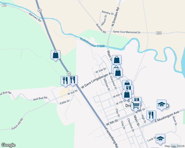 map of restaurants, bars, coffee shops, grocery stores, and more near 45 West Dave Longaberger Avenue in Dresden