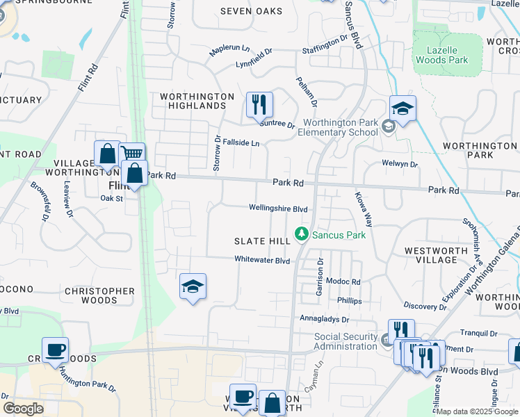 map of restaurants, bars, coffee shops, grocery stores, and more near 7859 Red Hill Court in Columbus