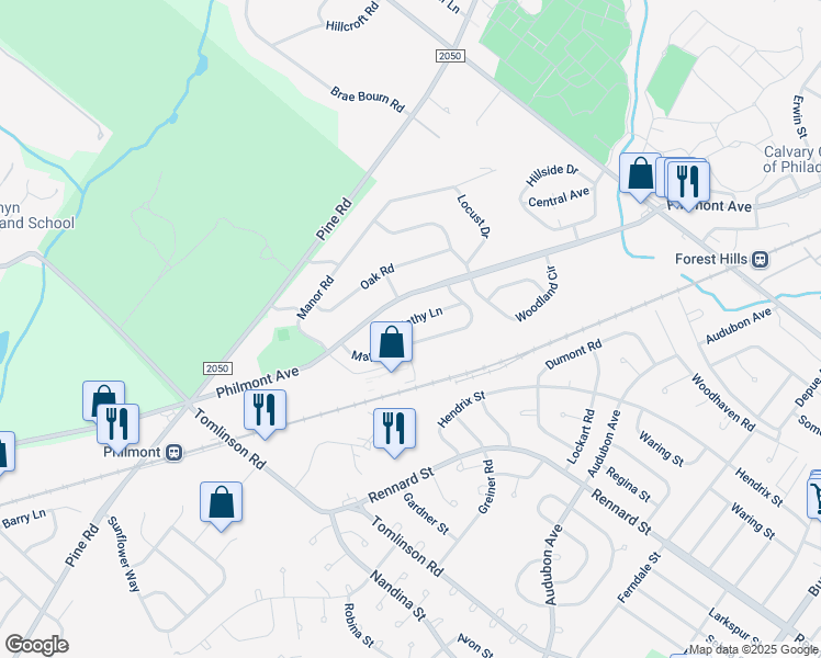 map of restaurants, bars, coffee shops, grocery stores, and more near 3175 Kathy Lane in Montgomery County