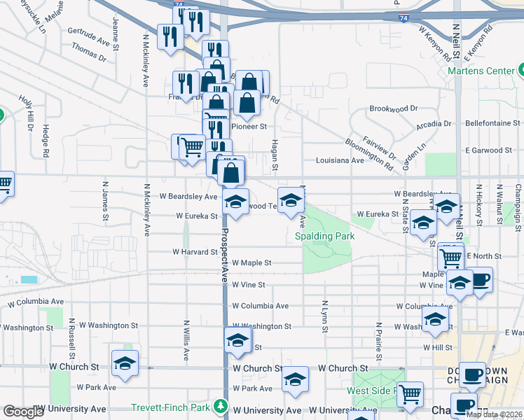 map of restaurants, bars, coffee shops, grocery stores, and more near 723 Sherwood Terrace in Champaign