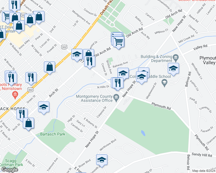map of restaurants, bars, coffee shops, grocery stores, and more near 1852 North Hills Drive in Norristown