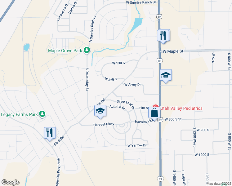 map of restaurants, bars, coffee shops, grocery stores, and more near 2176 Silver Leaf Drive in Mapleton