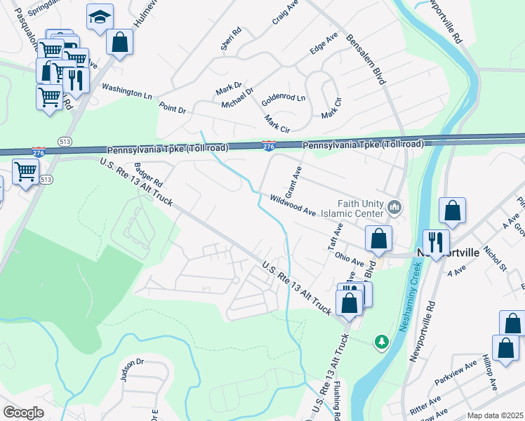 map of restaurants, bars, coffee shops, grocery stores, and more near 1334 Wildwood Avenue in Bensalem