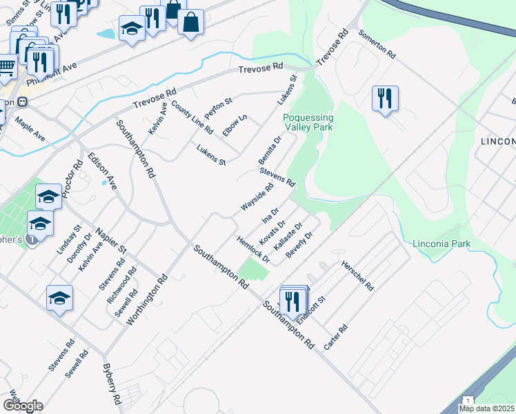 map of restaurants, bars, coffee shops, grocery stores, and more near 15133 Wayside Road in Philadelphia
