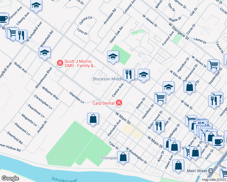 map of restaurants, bars, coffee shops, grocery stores, and more near 23 Centre Avenue in Eagleville