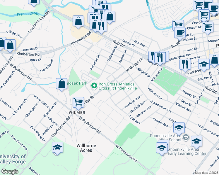 map of restaurants, bars, coffee shops, grocery stores, and more near 1024 West Bridge Street in Phoenixville