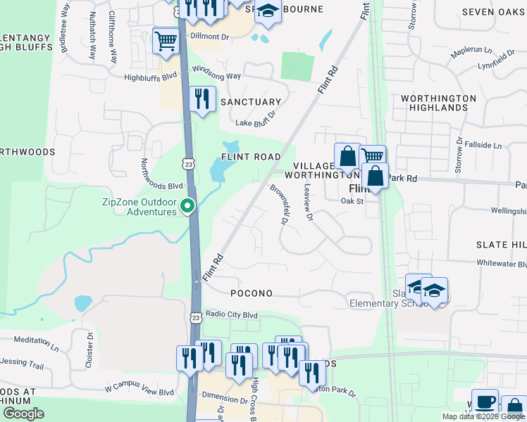 map of restaurants, bars, coffee shops, grocery stores, and more near 247 Brownsfell Drive in Columbus