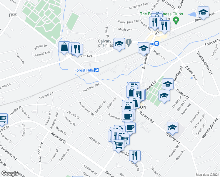 map of restaurants, bars, coffee shops, grocery stores, and more near 487 Pinewood Road in Philadelphia