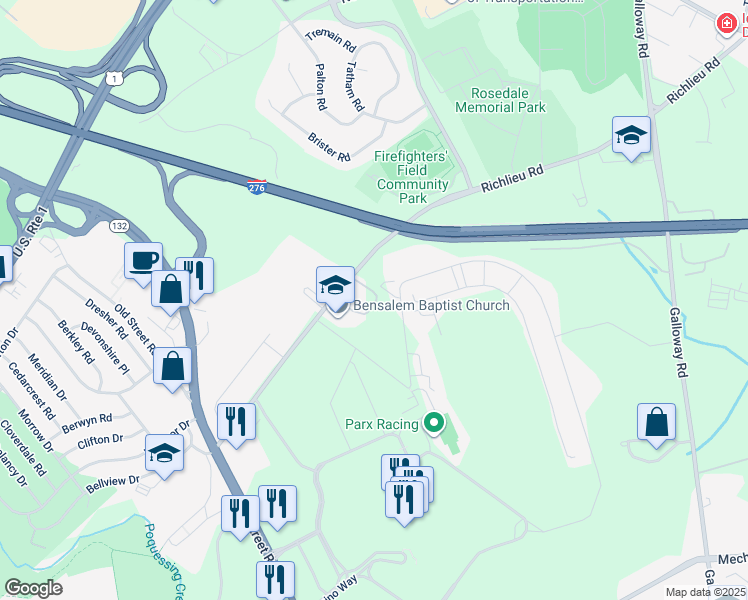 map of restaurants, bars, coffee shops, grocery stores, and more near 3441 Richlieu Road in Bensalem