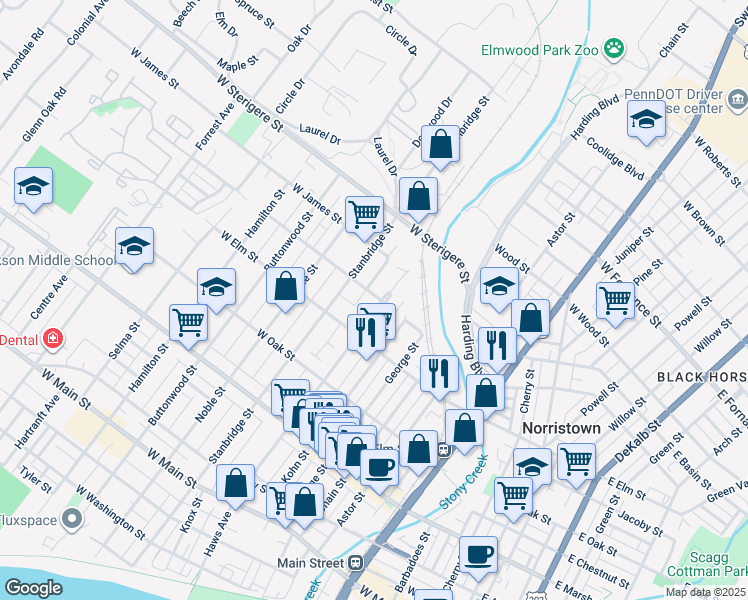map of restaurants, bars, coffee shops, grocery stores, and more near 837 Haws Avenue in Norristown