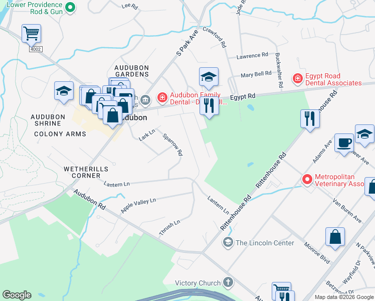 map of restaurants, bars, coffee shops, grocery stores, and more near 1120 Sparrow Road in Eagleville
