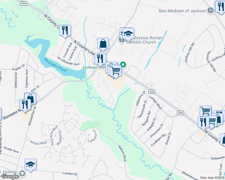 map of restaurants, bars, coffee shops, grocery stores, and more near 122 Meli Lane in Jackson Township