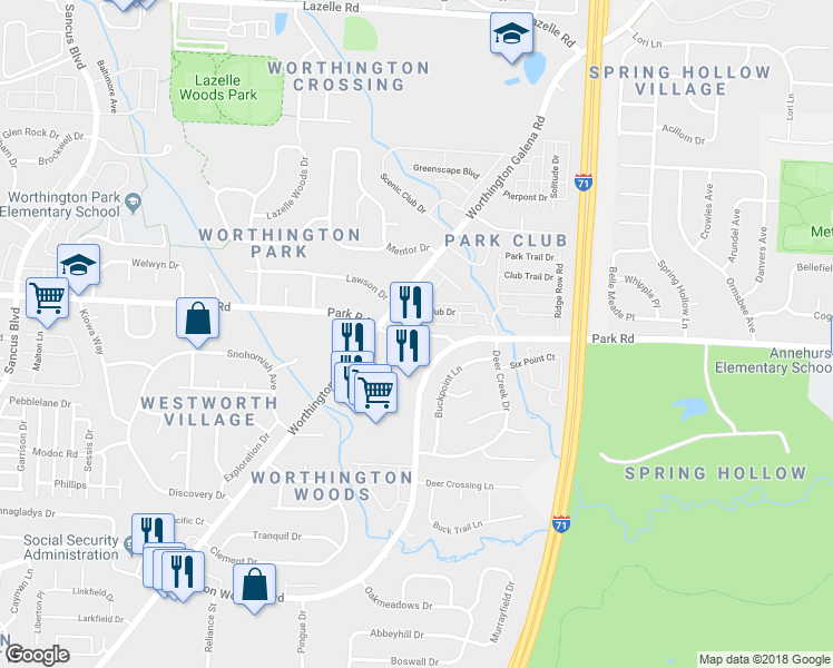 map of restaurants, bars, coffee shops, grocery stores, and more near 824 Park Road in Westerville