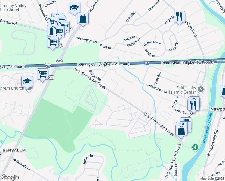 map of restaurants, bars, coffee shops, grocery stores, and more near 1625 Briarwood Drive in Bensalem