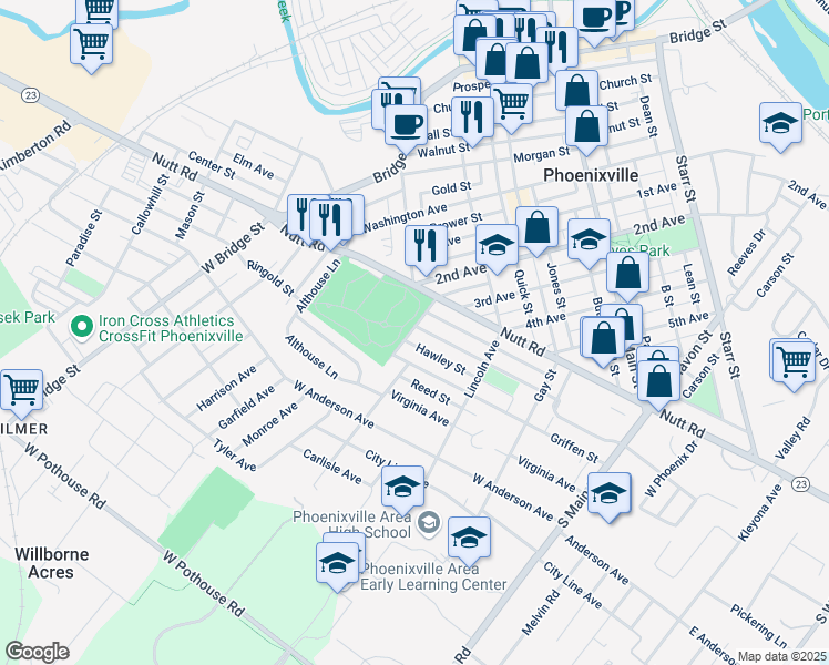 map of restaurants, bars, coffee shops, grocery stores, and more near 200 Morris Street in Phoenixville