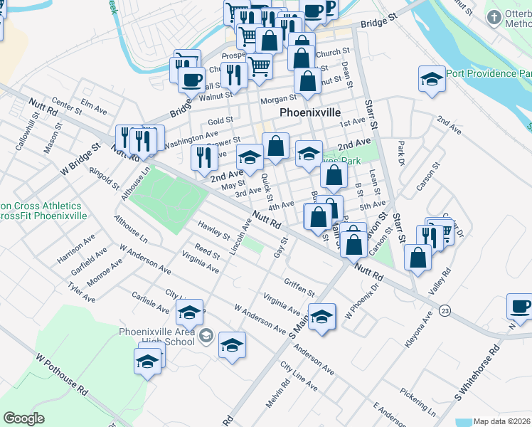 map of restaurants, bars, coffee shops, grocery stores, and more near 328 4th Avenue in Phoenixville