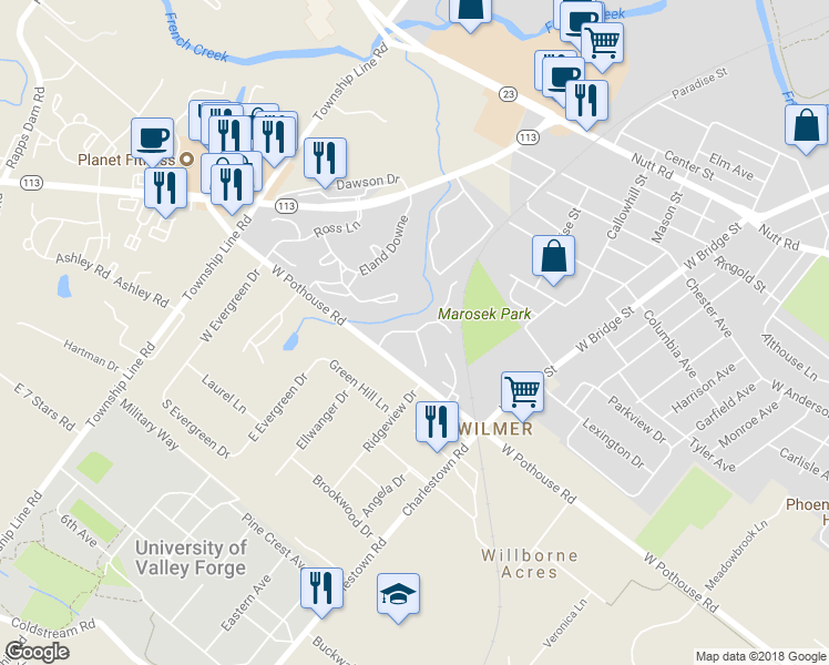 map of restaurants, bars, coffee shops, grocery stores, and more near 101 Harvest Lane in Phoenixville