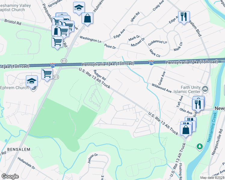 map of restaurants, bars, coffee shops, grocery stores, and more near 1666 Gibson Road in Bensalem