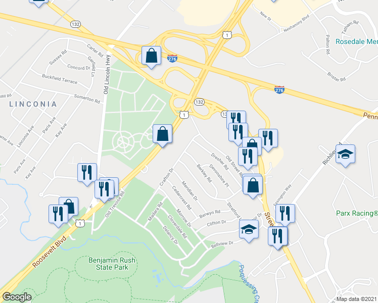 map of restaurants, bars, coffee shops, grocery stores, and more near 2956 Crafton Drive in Bensalem