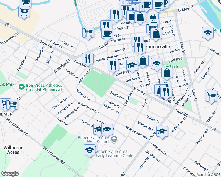 map of restaurants, bars, coffee shops, grocery stores, and more near 200 Morris Street in Phoenixville