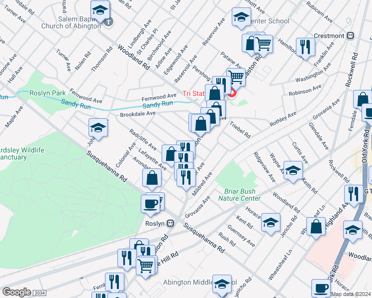 map of restaurants, bars, coffee shops, grocery stores, and more near 1228 Easton Road in Abington