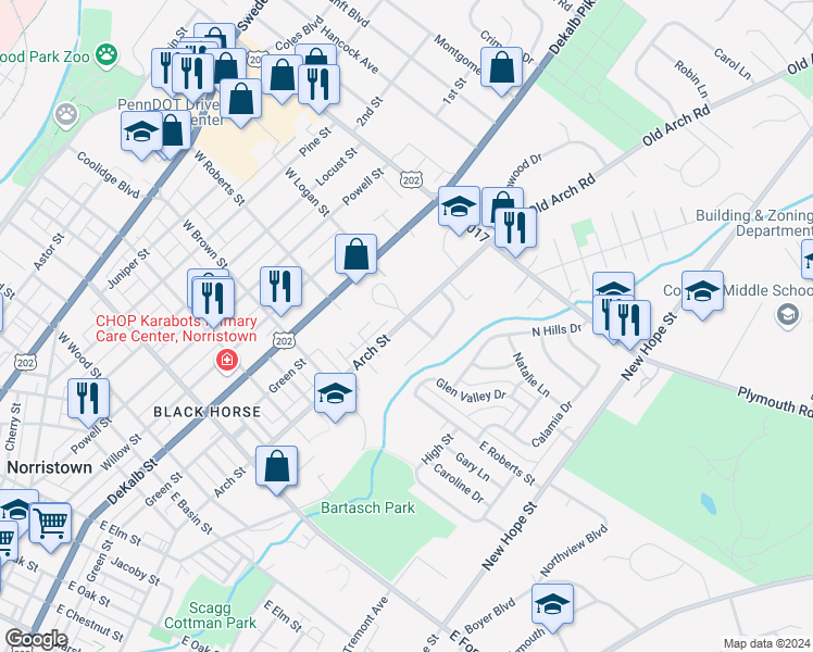 map of restaurants, bars, coffee shops, grocery stores, and more near 300 East Logan Street in Norristown