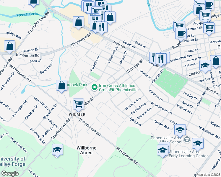 map of restaurants, bars, coffee shops, grocery stores, and more near 1022 West Bridge Street in Phoenixville