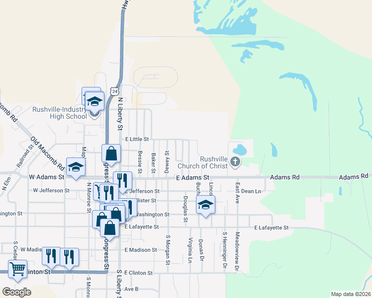 map of restaurants, bars, coffee shops, grocery stores, and more near 6 Pennwood Drive in Rushville