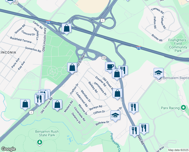 map of restaurants, bars, coffee shops, grocery stores, and more near 3820 Dresher Road in Bensalem