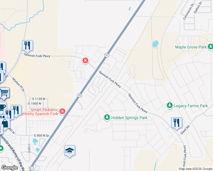 map of restaurants, bars, coffee shops, grocery stores, and more near 1262 Firefly Drive in Spanish Fork