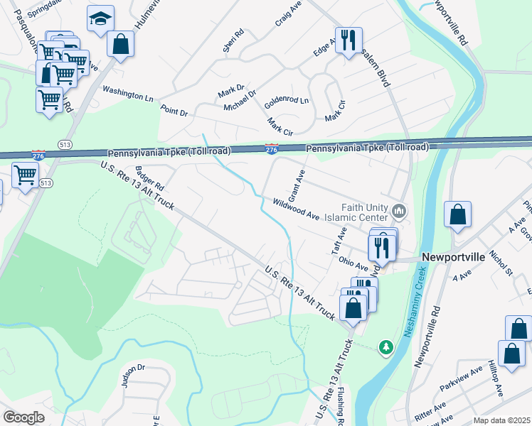 map of restaurants, bars, coffee shops, grocery stores, and more near 1334 Wildwood Avenue in Bensalem