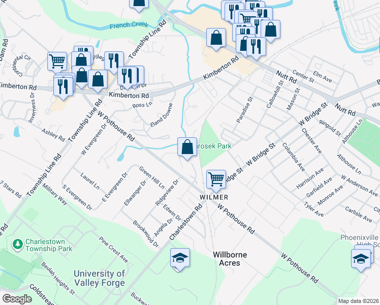 map of restaurants, bars, coffee shops, grocery stores, and more near 1041 Davids Run in Phoenixville