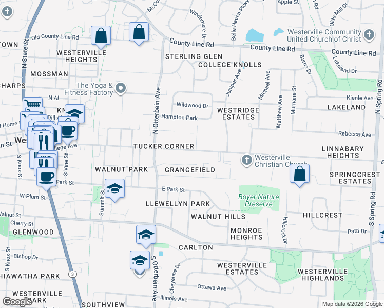 map of restaurants, bars, coffee shops, grocery stores, and more near 21 Pleasant Avenue in Westerville