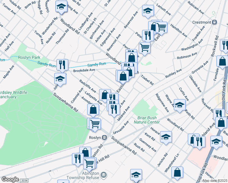 map of restaurants, bars, coffee shops, grocery stores, and more near 1228 Easton Road in Abington