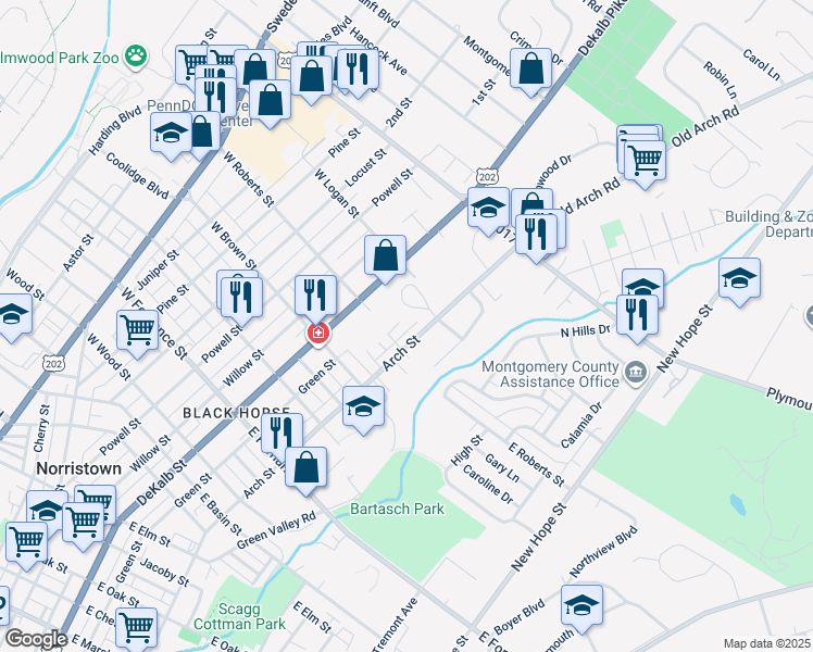 map of restaurants, bars, coffee shops, grocery stores, and more near 210 Roberts Circle in Norristown