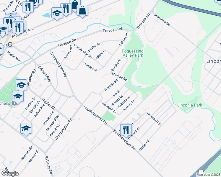 map of restaurants, bars, coffee shops, grocery stores, and more near 15133 Wayside Road in Philadelphia