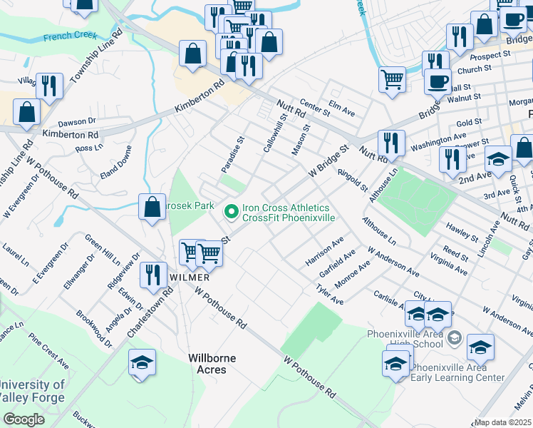 map of restaurants, bars, coffee shops, grocery stores, and more near 1024 West Bridge Street in Phoenixville