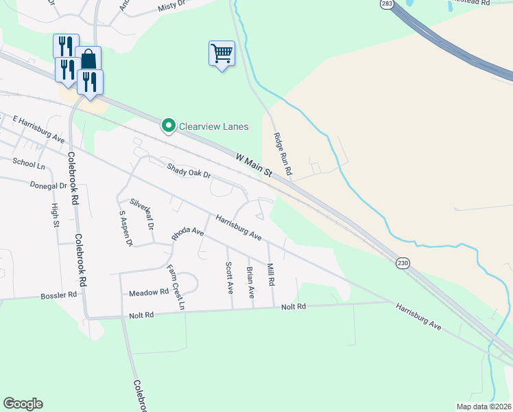 map of restaurants, bars, coffee shops, grocery stores, and more near 1939 Shady Oak Drive in Mount Joy