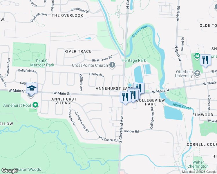 map of restaurants, bars, coffee shops, grocery stores, and more near 61 Groton Drive in Westerville